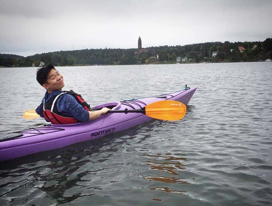 Joseph on a kayak in Saltsjobaden, Stockholm, Sweden.
