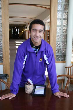Jeremy Shaw in Seymour Library with items he brought from home