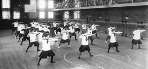 Women were the first on campus with organized athletics, such as “wand work” gymnastics,