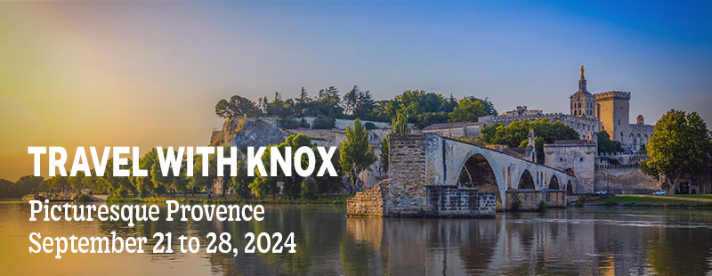 Image of Provence France with text "Travel with Knox, Discovering Provence, September 21-28, 2024"
