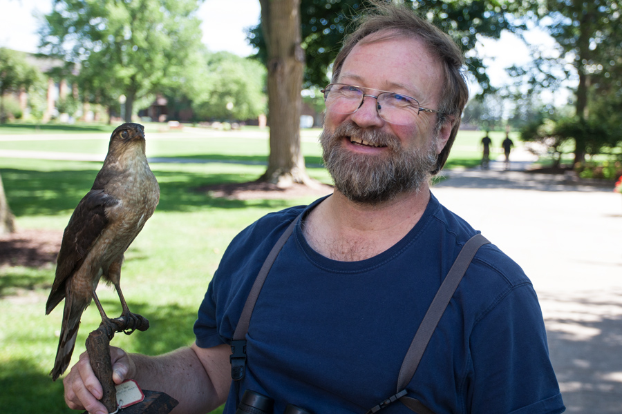 Knox College biology professor James Mountjoy, holding Cooper's Hawk from the College's collection.