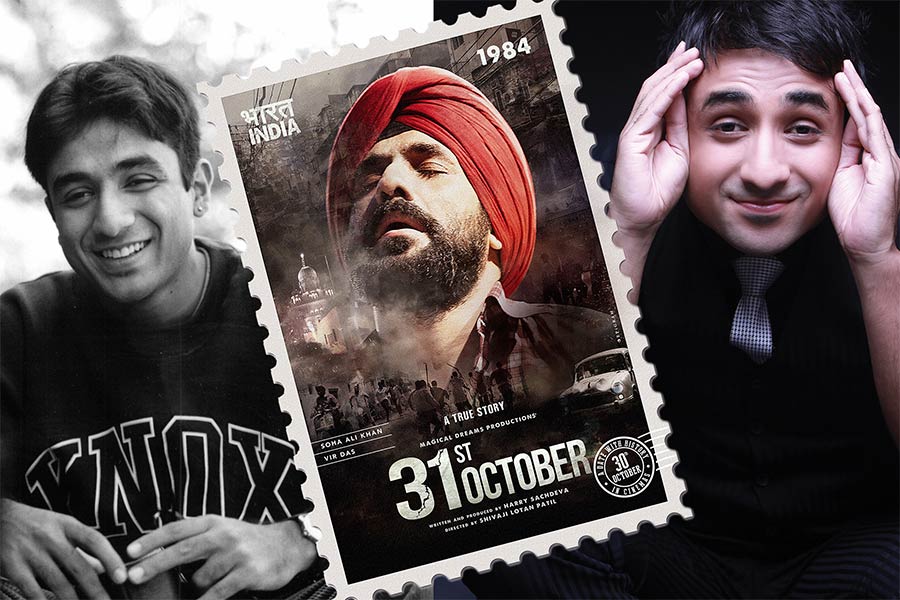 Three views of Vir Das, as a Knox student, publicity photo, and poster for the film 31st October.