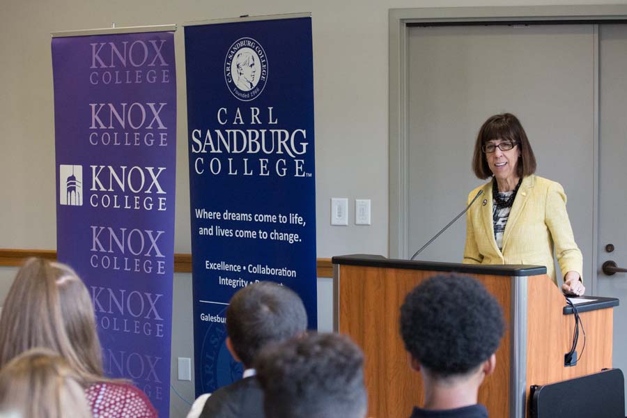 Knox College President Teresa Amott speaking at the 2016 Gale Scholars induction.