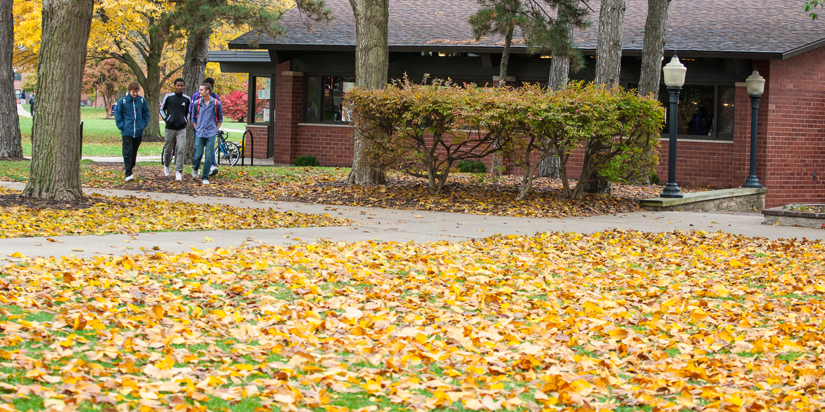 Students walk by the Gizmo in the fall. 