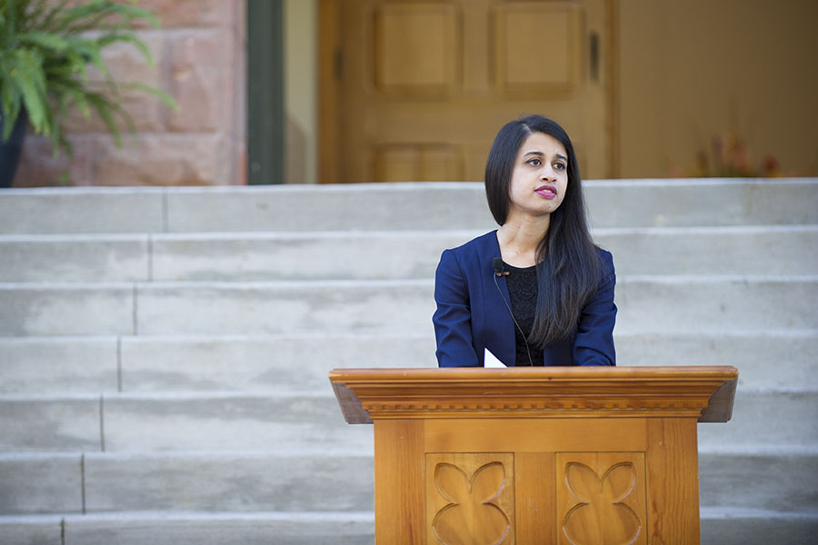 Student Senate President Hiba Ahmed gives Alumni Hall rededication speech.