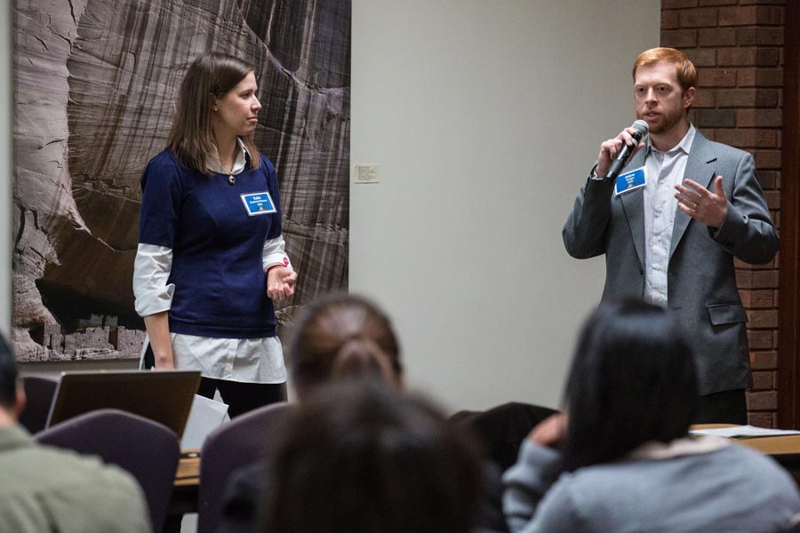 Knox Alumni Adam Zanger ‘04 and Katie (Lambert) Weaver ‘05 speak to students during Knox College's 2014 Career Impact Summit. 