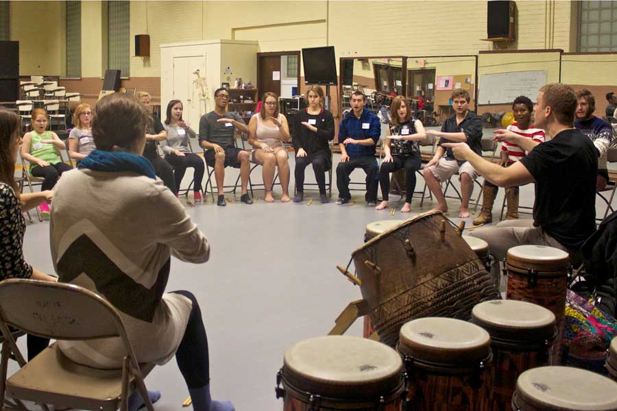 Jeremy Cohen instructs students and faculty on traditional Ghanaian rhythm in drumming and dance during his residency.