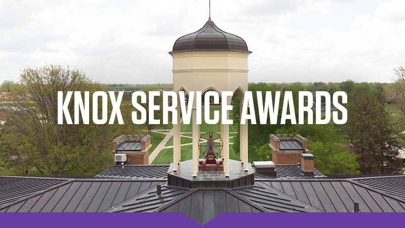 Knox Service Awards: A birds-eye view of the bell tower atop Old Main looking out to the campus beyond.
