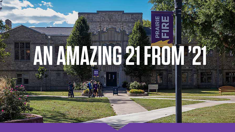 Exterior campus view of students outside of Seymour Library, with the superimposed words An Amazing 21 from '21