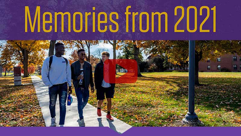 Memories from 2021, with photo of three students walking on a campus sidewalk on a sunny day