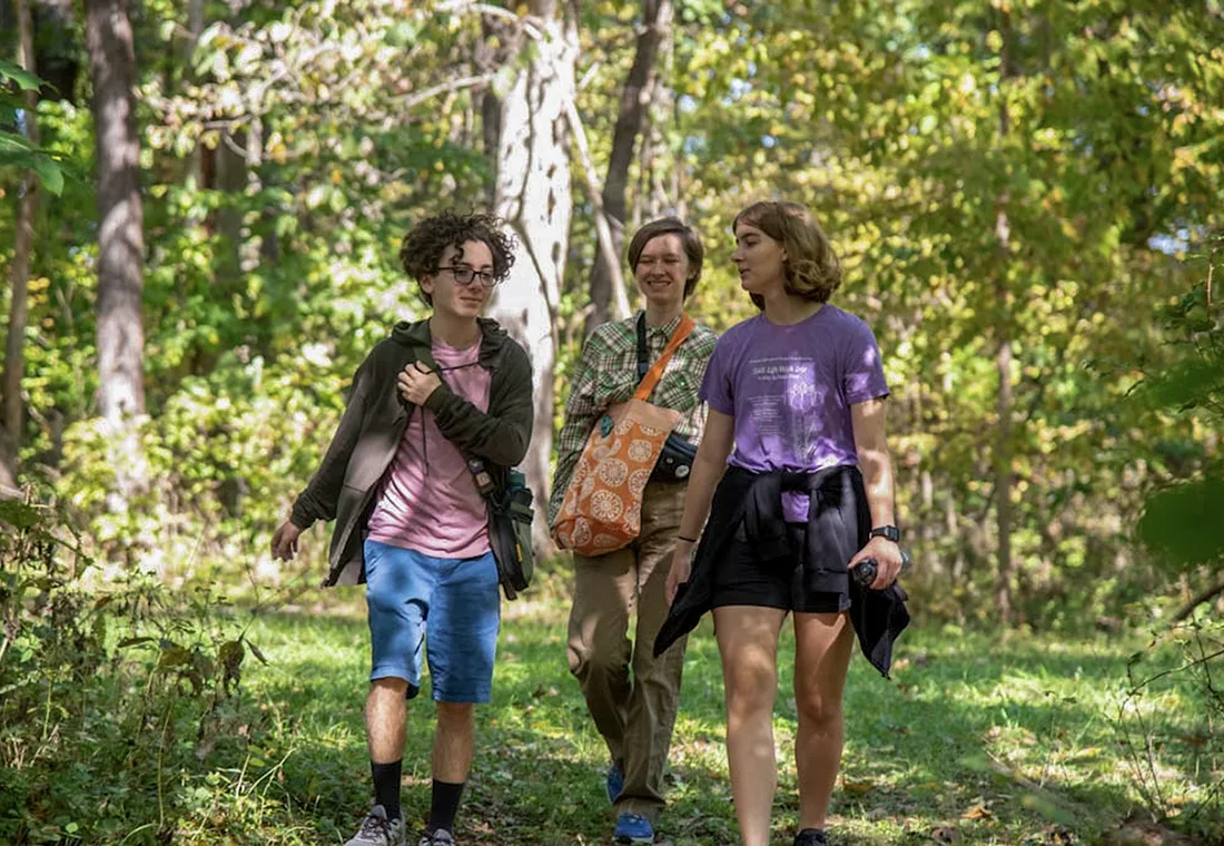 Three students walk through a wooded area. 