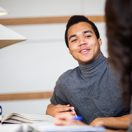 Students work in the library. 