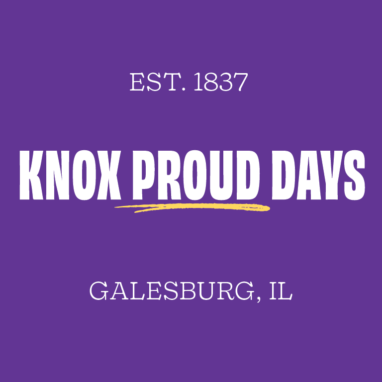 A purple background with white font that reads Est. 1837 at the top, and Knox Proud Days below it, with Galesburg, IL below that.