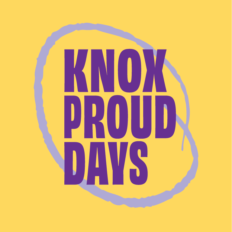 Yellow background with purple font that reads Knox Proud Days with a lavender circle around it.