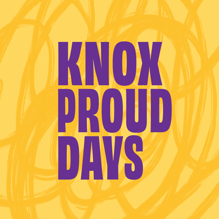 Yellow background with darker yellow squiggly lines, purple font that reads Knox Proud Days.