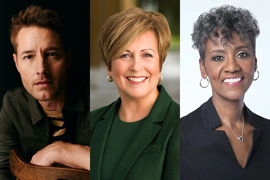 A collage of three people; Justin Hartley, Deborah F. Rutter, and Dorothy Tucker.