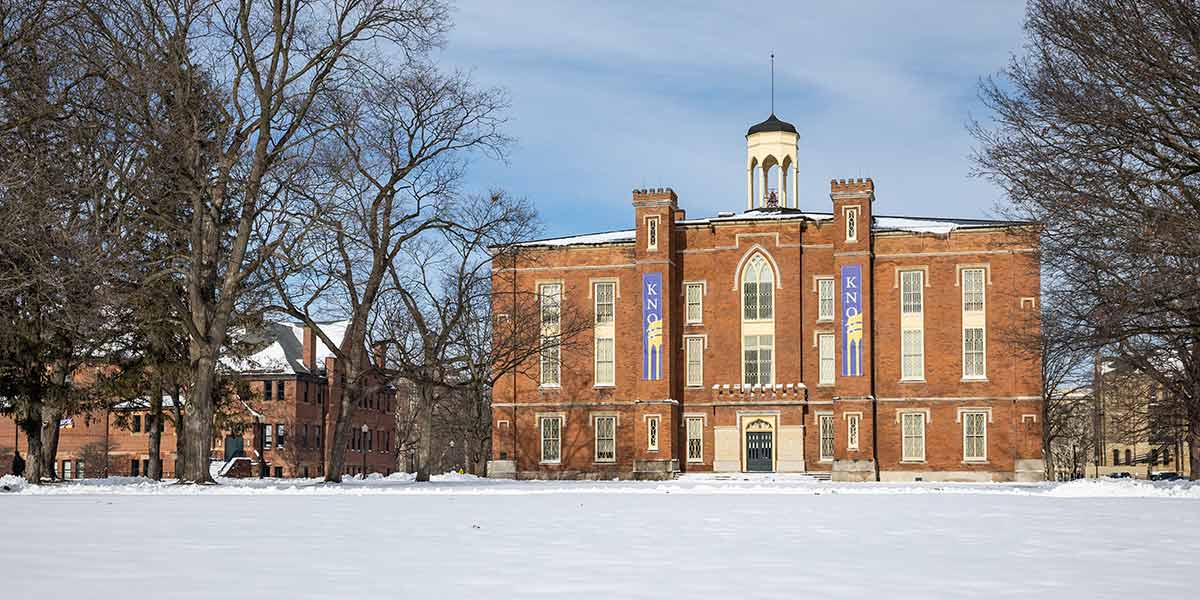 A winter view of Knox's historic Old Main
