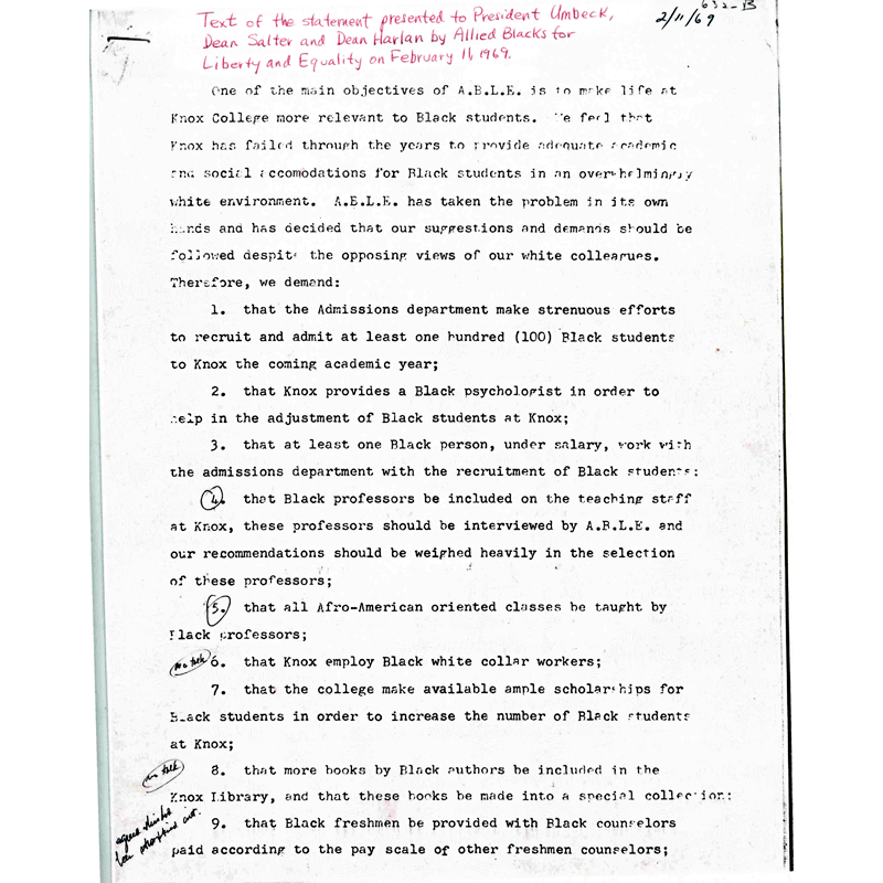 Document of A.B.L.E.'s demands from 1969