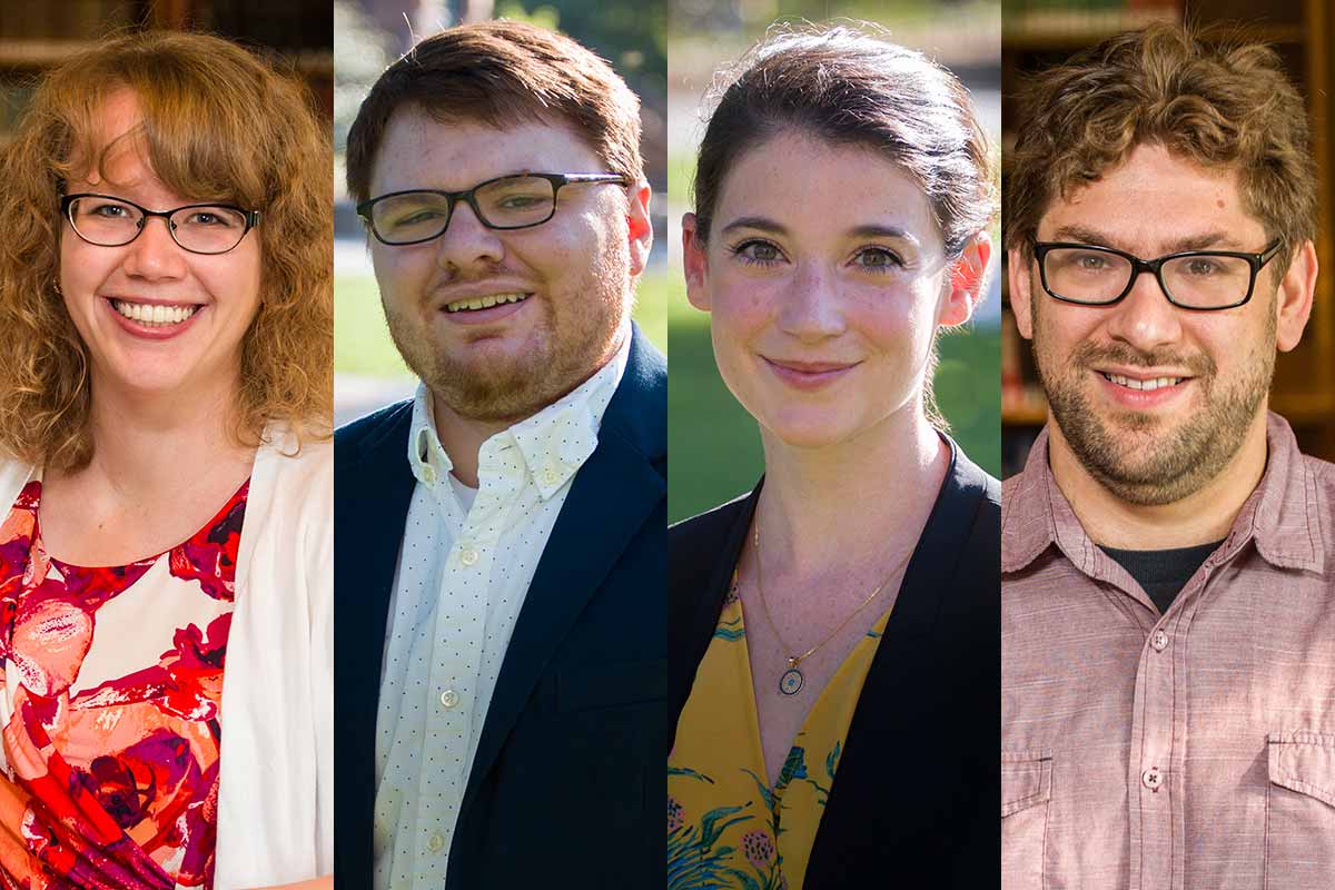 Four new Knox College faculty: Katie Stewart, Pierce Gradone, Roya Biggie, and Jonah Rubin