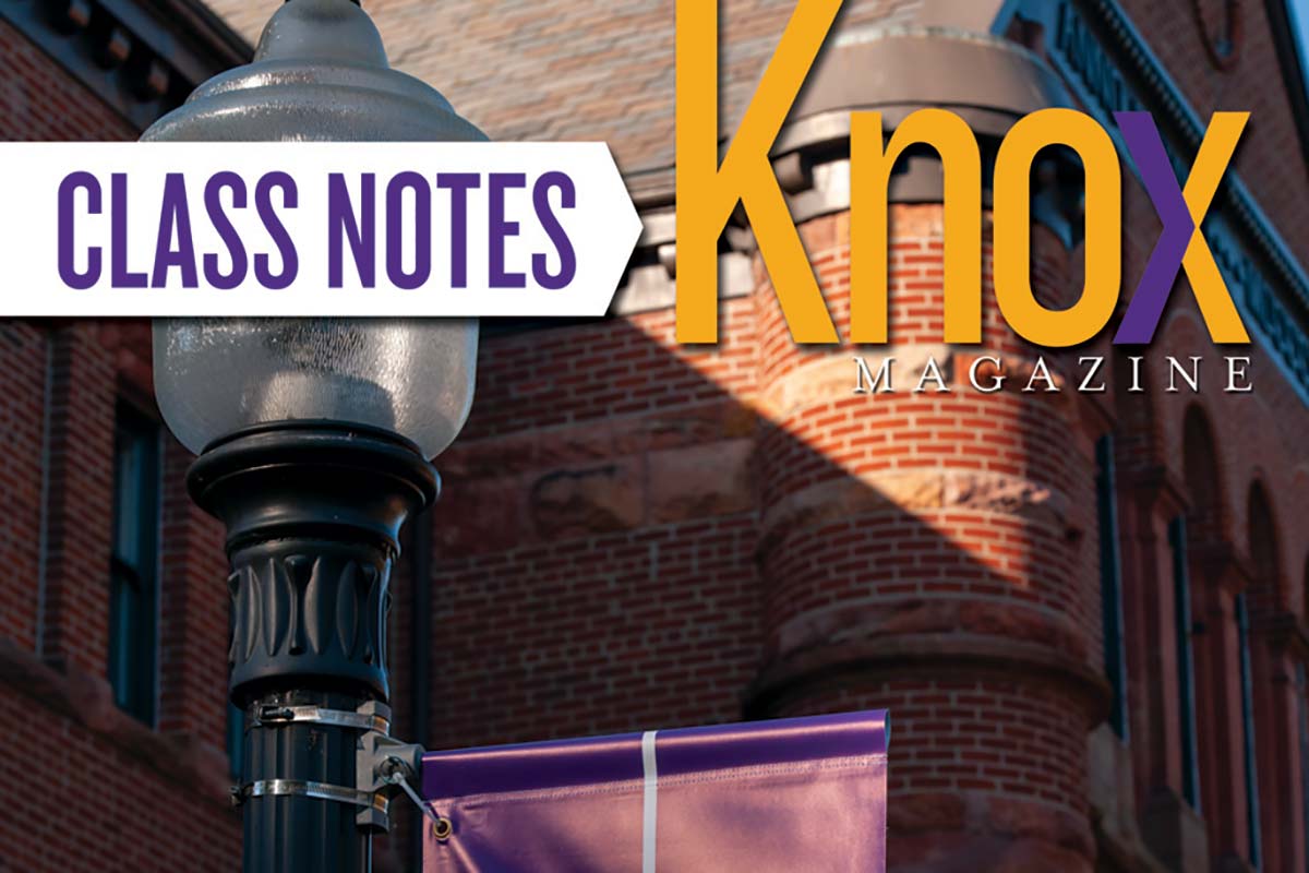 The cover of the fall 2020 print edition of Class Notes, featuring a Knox College banner hanging outside Alumni Hall 