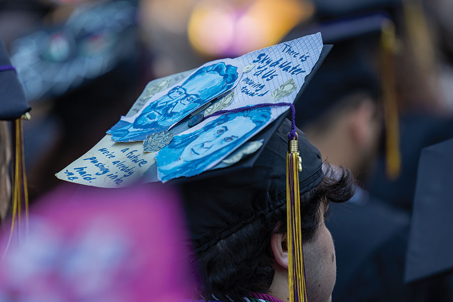 A close up of a graduation cap at Commencement.