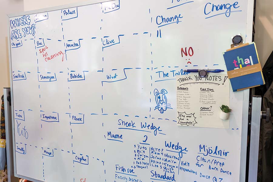 A large whiteboard with blue and red writing on it and being used as a calendar.