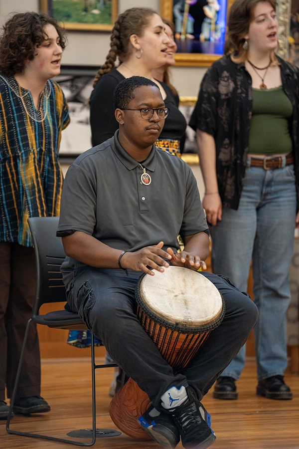 Students perform skills that they learned during the Drumming and Dance in Ghana research trip.