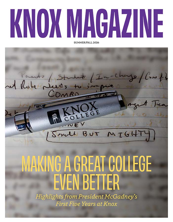 Knox Magazine Cover for the Summer '26 issue shows a Knox College pen sitting on a sheet of paper with writing surrounding it.