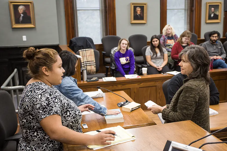 Szold Distinguished Service Professor of Modern Languages Robin Ragan (far right) participating in a mock trial at the Knox County Courthouse with her students in Introduction to Interpreting.