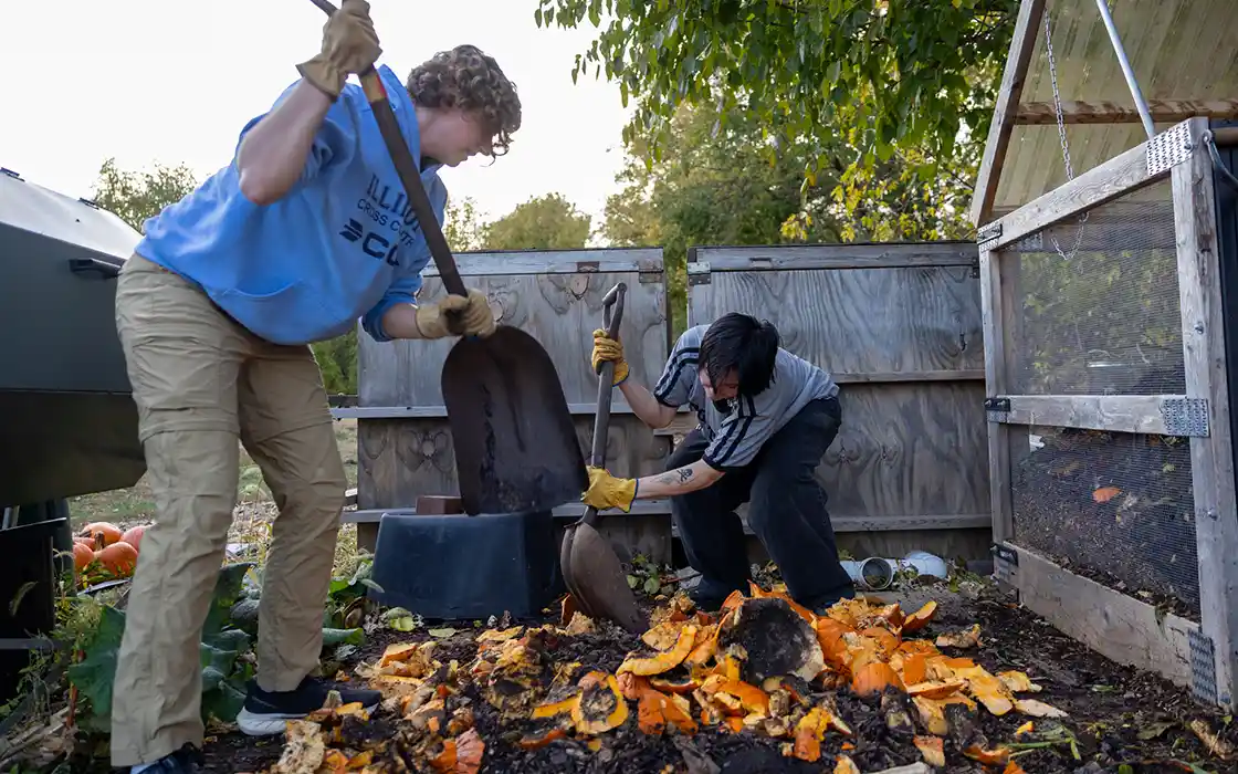 Two students work at breaking down pumpkin for compost.