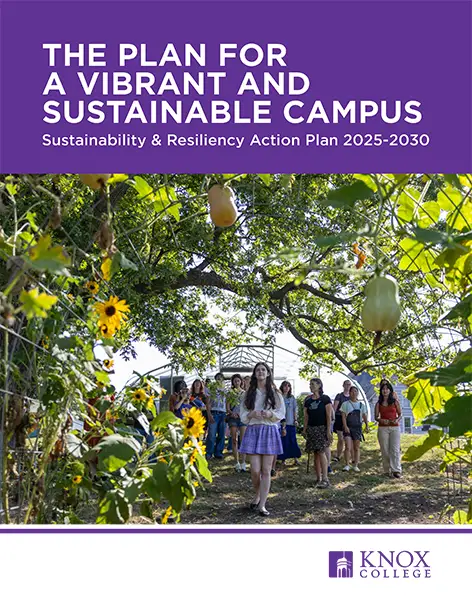 Students walk under an arch of greenery and sunflowers. Text reads The Plan For a Vibrant and SUSTAINABLE CAMPUS: Sustainability & Resiliency Action Plan 2025-2030.