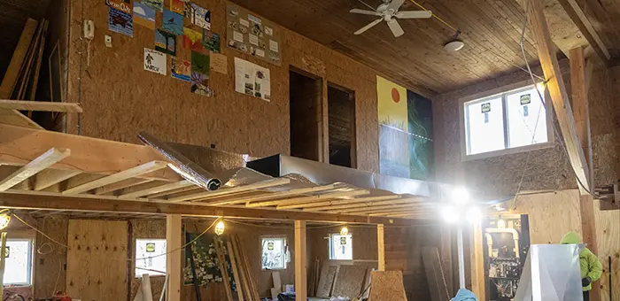 An interior view of construction at Green Oak's Schurr Hall.