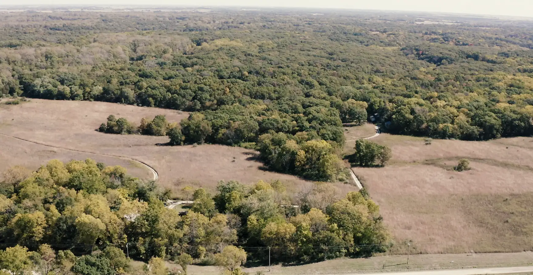Aerial image shows sprawling timber and prairie from above. 