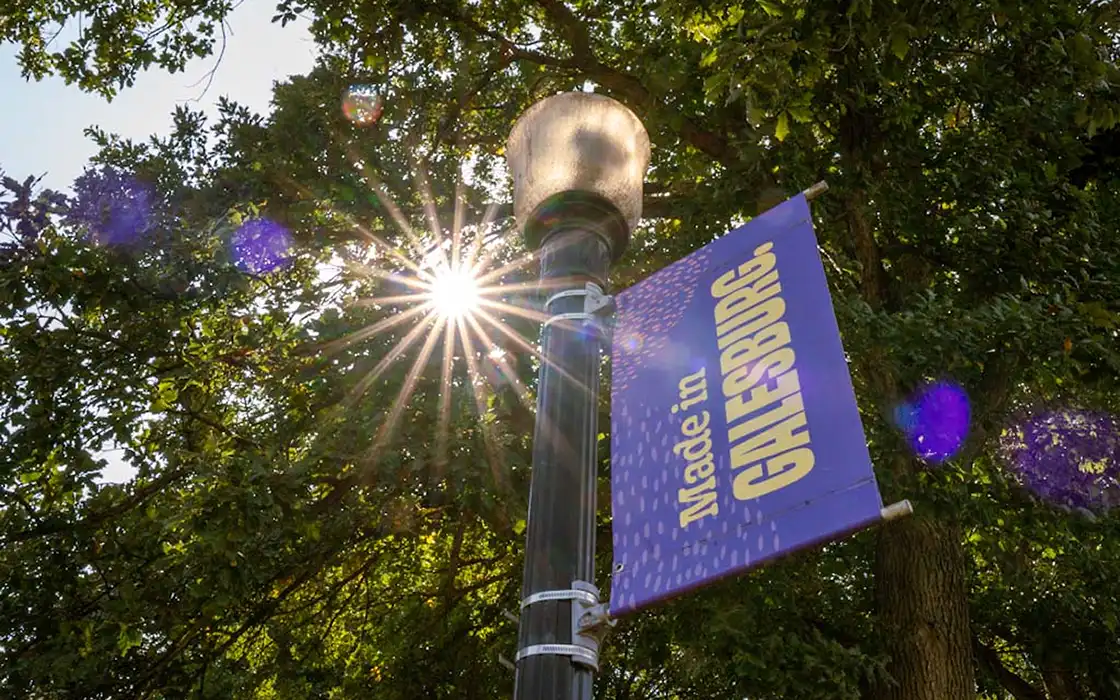 A lightpost stands tall against a background of green leaves with the sun shining through as a starburst. The banner reads Made in Galesburg.