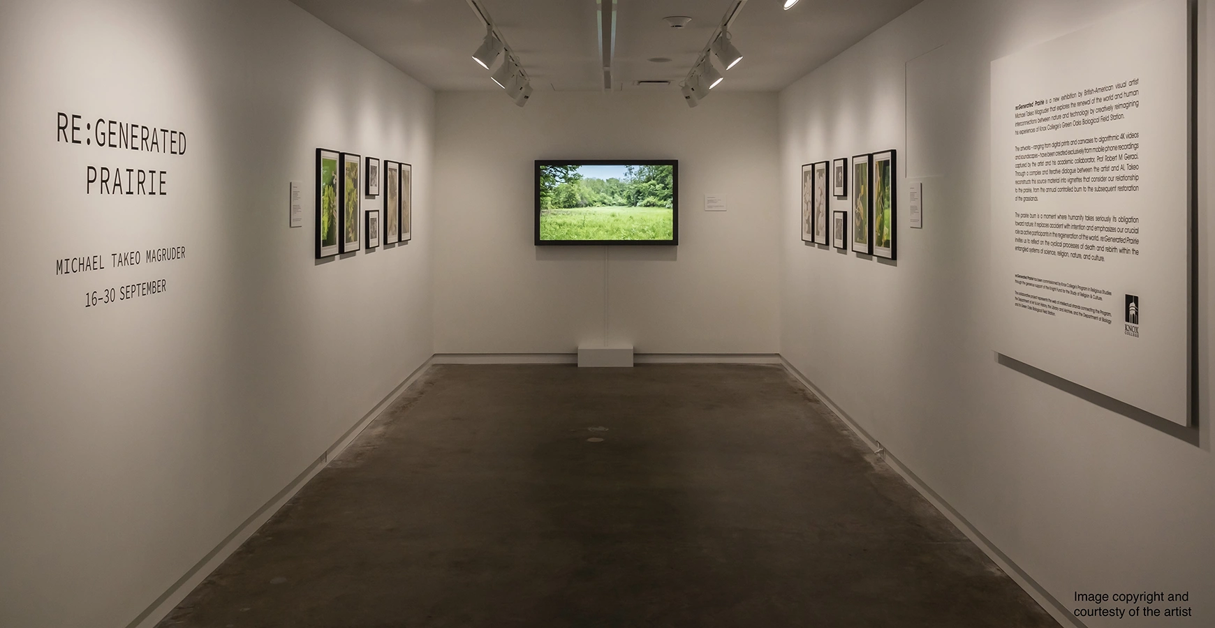 On white walls, images of nature are hung. Text on the wall says Re:Generated Prairie, Michael Takeo Magruder, 16-30 September. Text on the image says Image copyright and courtesy of the artist. 