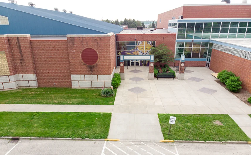 An aerial view of the front of the T. Fleming Fieldhouse.