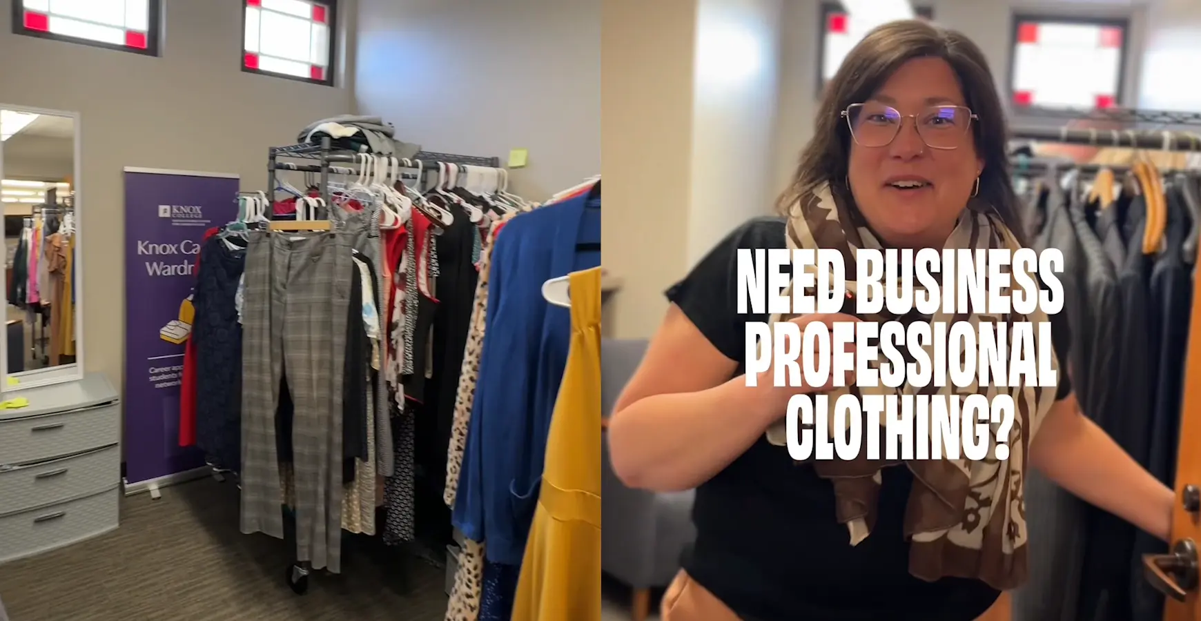 A woman opens a door; a room of dress clothing is behind her. Text says need business professional clothing?