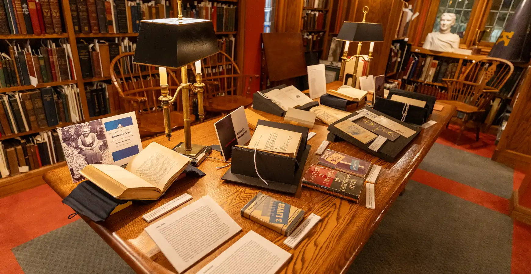 A table, lit with lamps, has books displayed all across its top. Shelves of books are in the background.