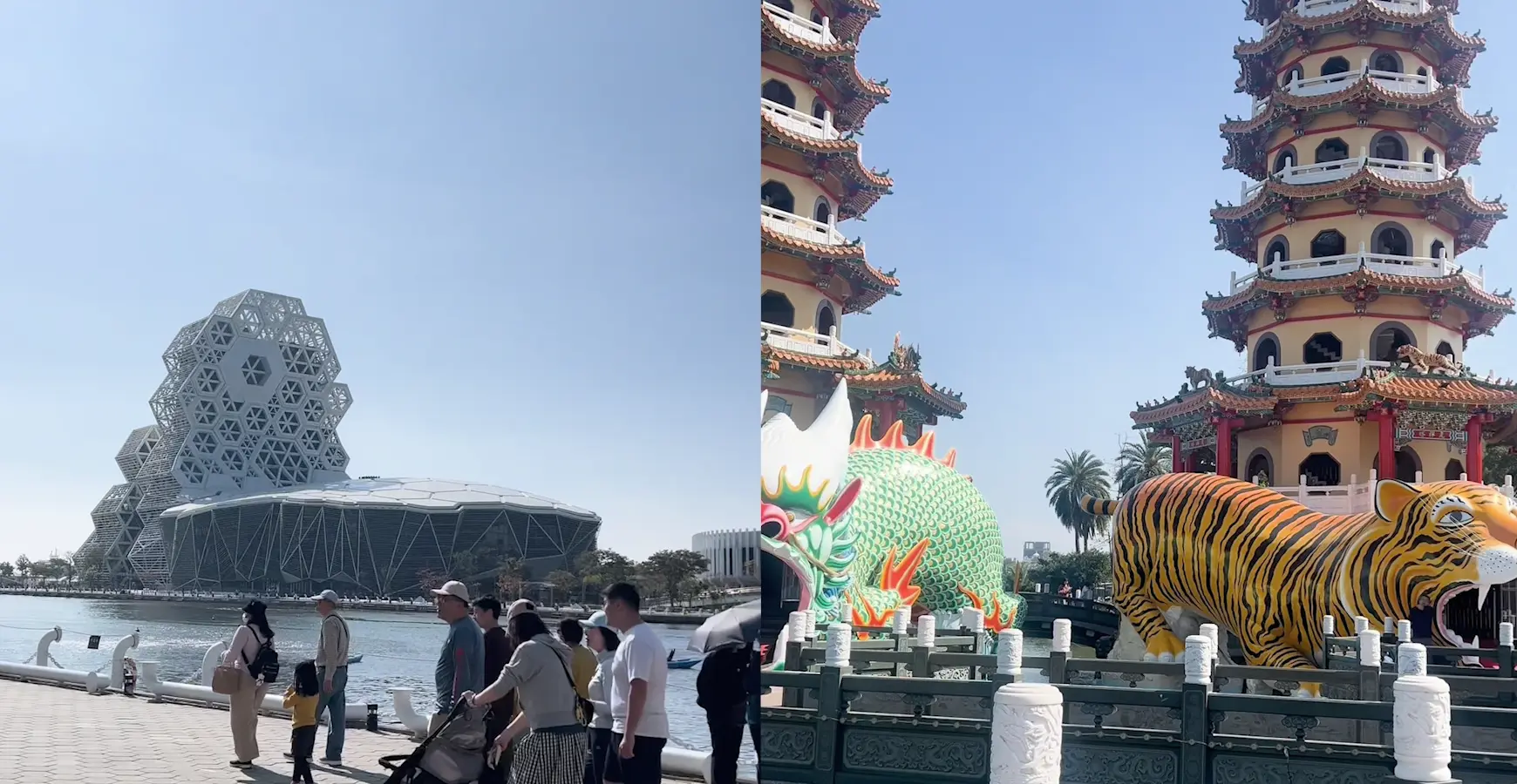 Two images are shown—the right shows a structure with unique, modern architecture. The left shows a classic pagoda with large, colorful statues of a dragon and a tiger in front of it.