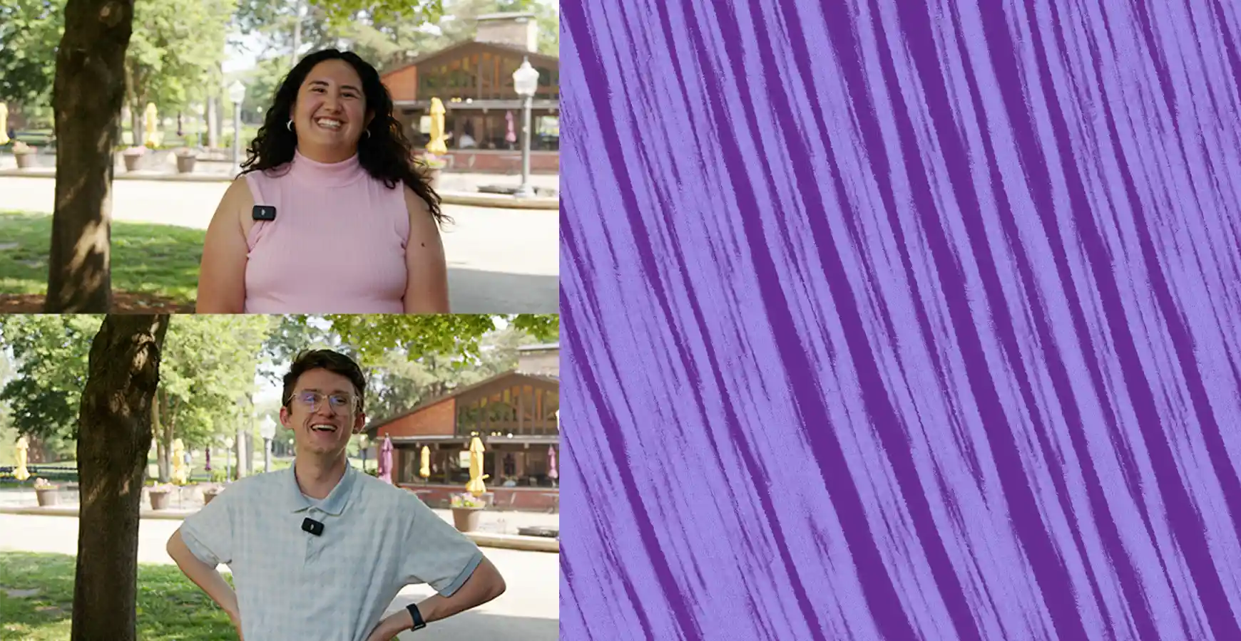Two individual images of students are in the frame. Both students smile. The right side of the image is a purple scribble graphic.