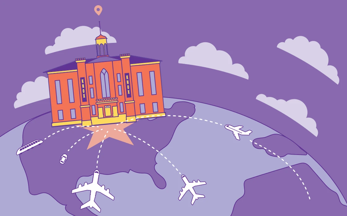 An illustrates image that shows Knox's Old Main at the top of the globe, sitting on an outline of the United States. 