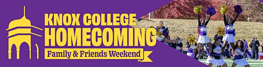 A purple banner with text that says, "Homecoming" in big yellow letters at the top and "Family & Friends Weekend" in smaller yellow letters at the bottom.