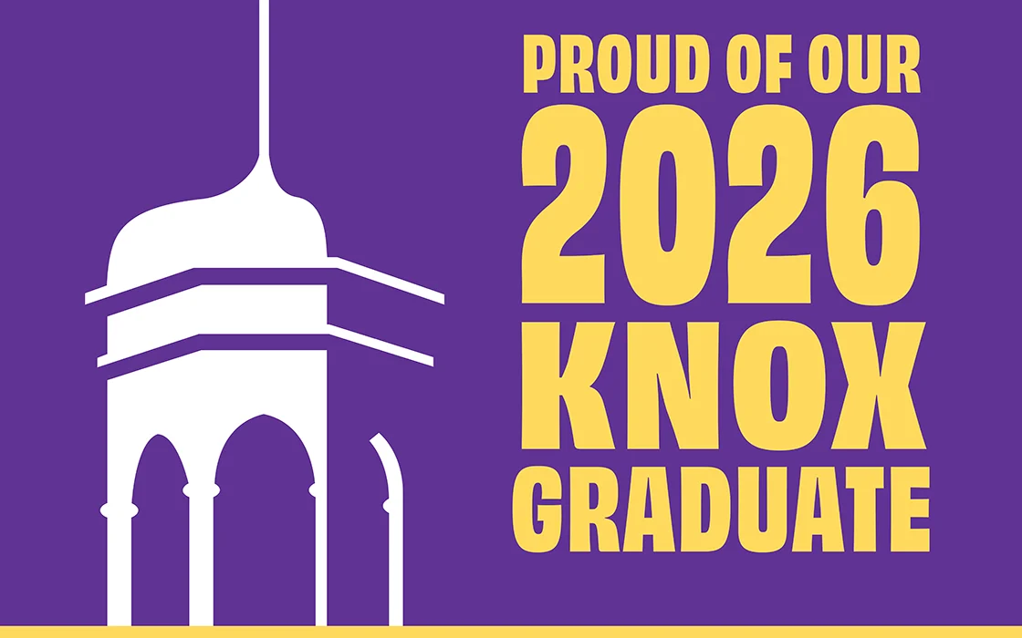 Gold text on purple background says Proud of Our 2026 Knox Graduate; bell tower logo also appears in white.
