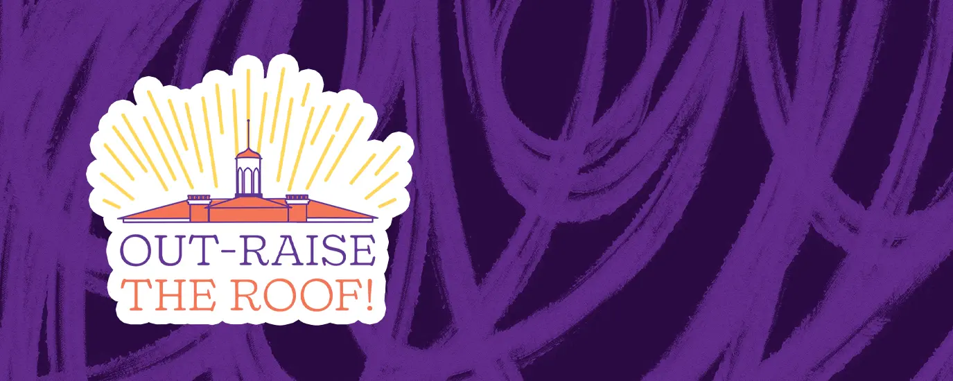 A purple background with a graphic that says Out-Raise the Roof!
