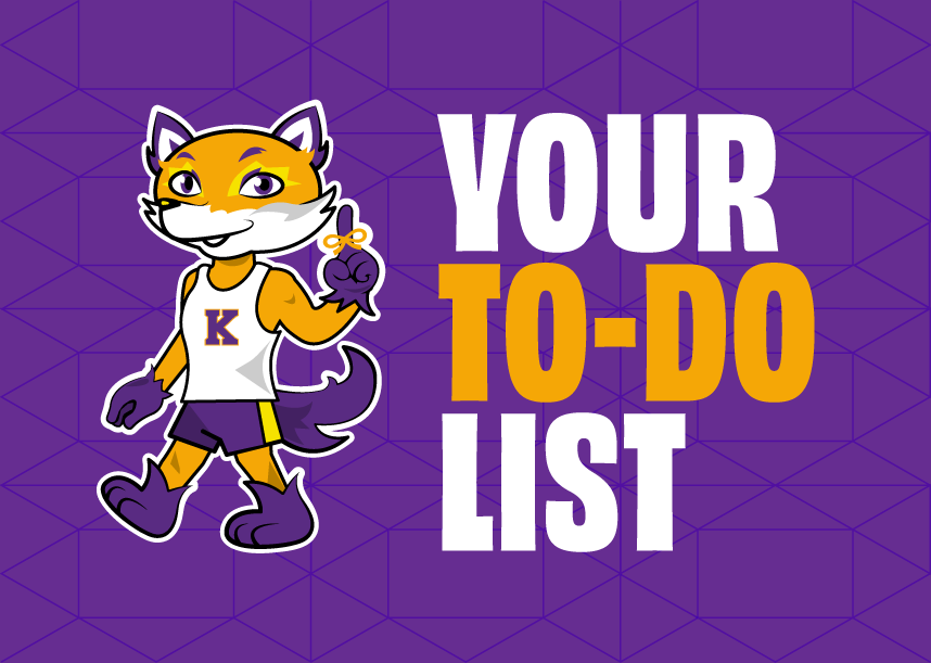 An illustrated version of Knox's mascot, Blaze the fox, giving a thumbs up is on a dark purple background with the text "Your To-Do List."