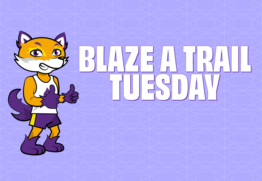 An illustrated version of Knox's mascot, Blaze the fox, is on a purple background with the text "Blaze a Trail Tuesday."