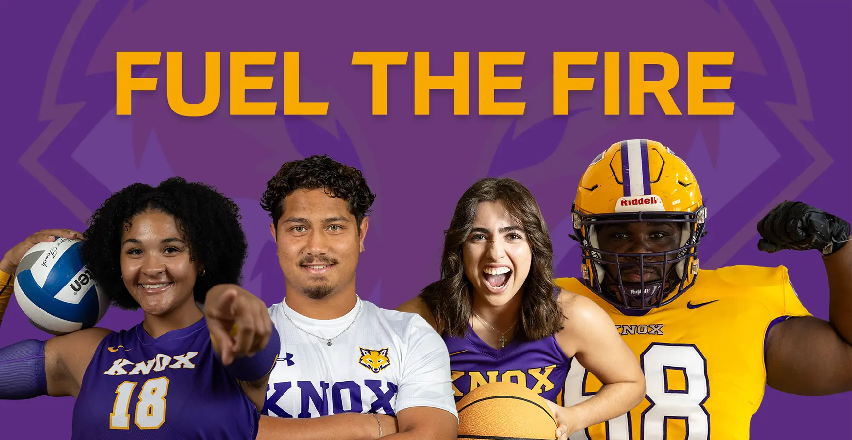 A women's volleyball player, men's soccer player, women's basketball player, and football player all pose for the camera in their uniforms. "Fuel the Fire" appears in yellow above their heads. 