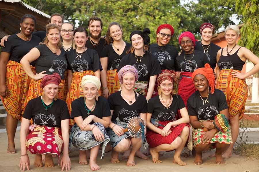 Students participated in Drumming and Dance in Ghana, an intensive program  that taught them traditional Ghanaian drumming and dance.