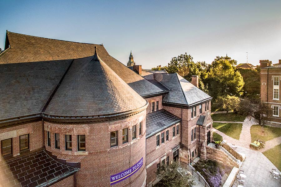 Bird's eye view of Alumni Hall from Plomin Terrace