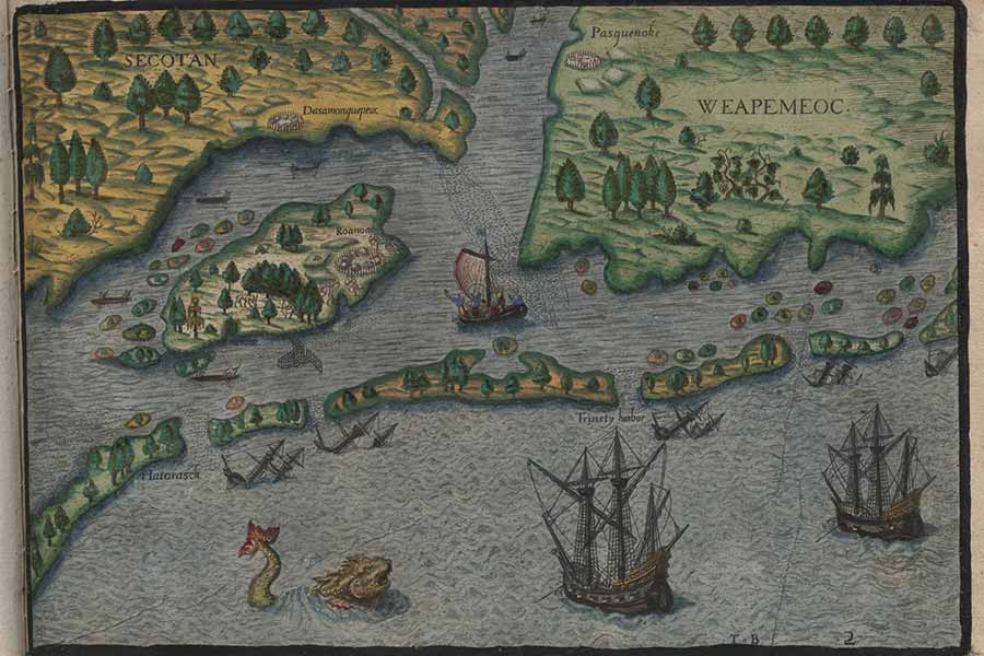 Map showing sailing ships, land, and sea, entitled Arrival of the English